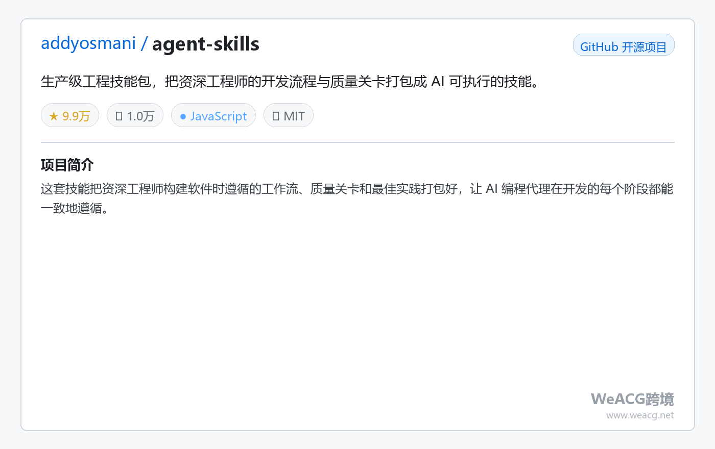 addyosmani/agent-skills 项目页中文版卡片