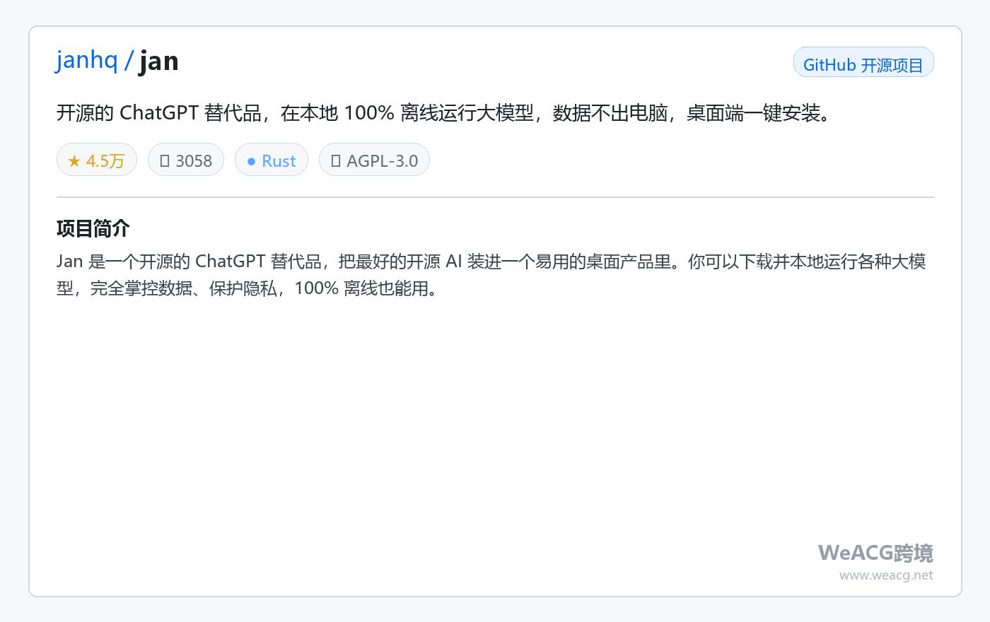 janhq/jan 项目页中文版卡片