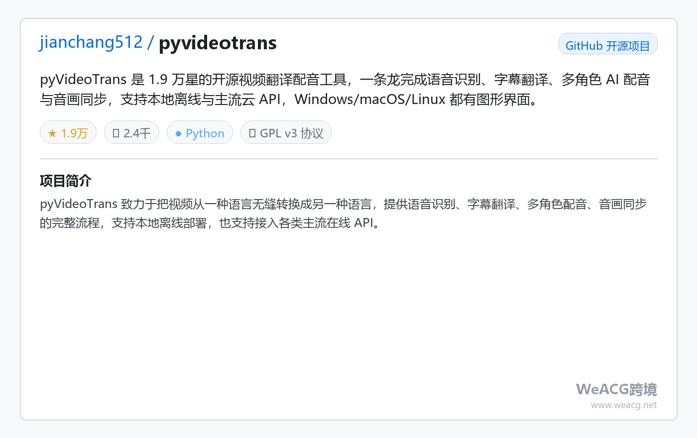 jianchang512/pyvideotrans 项目页中文版卡片