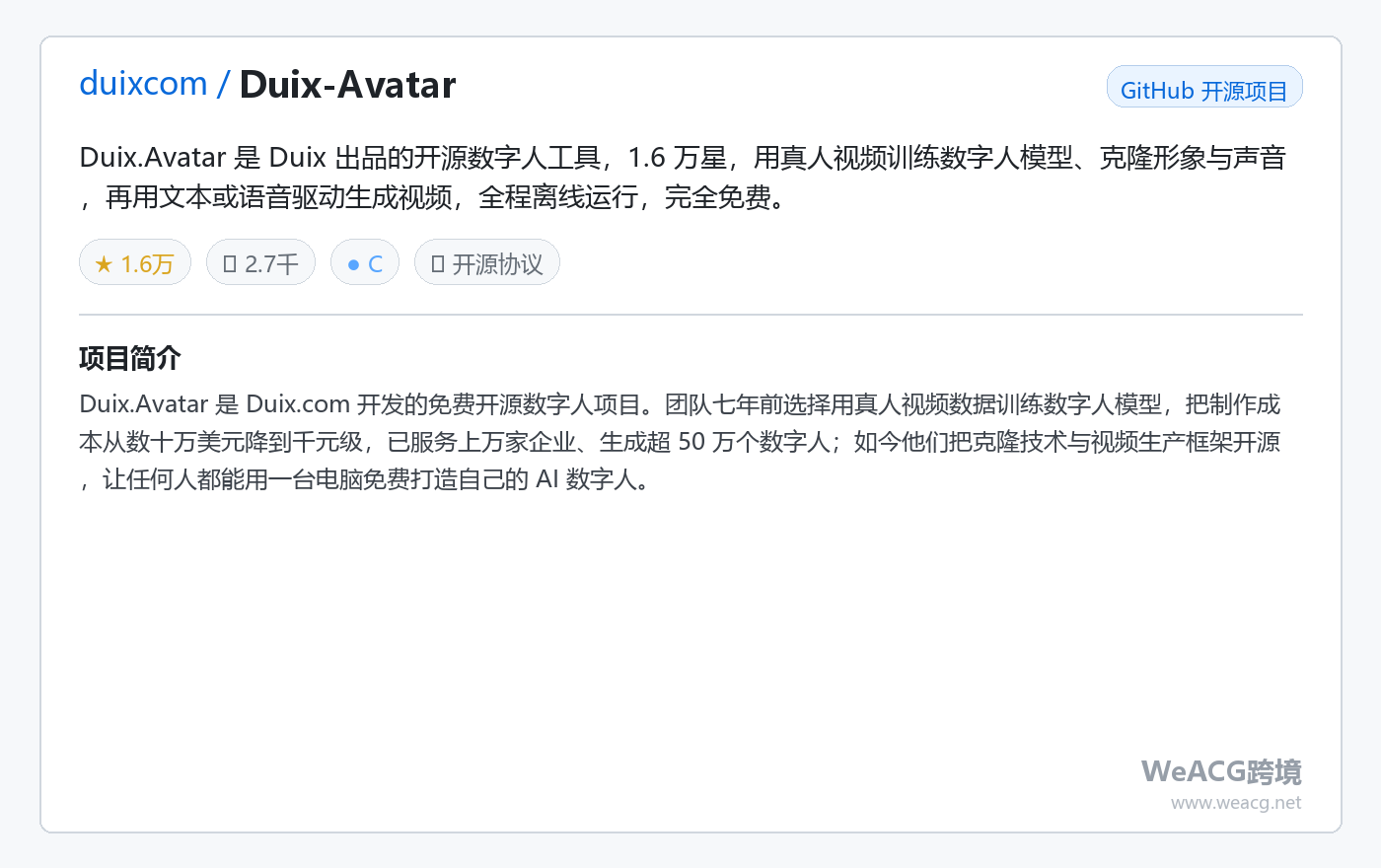 duixcom/Duix-Avatar 项目页中文版卡片