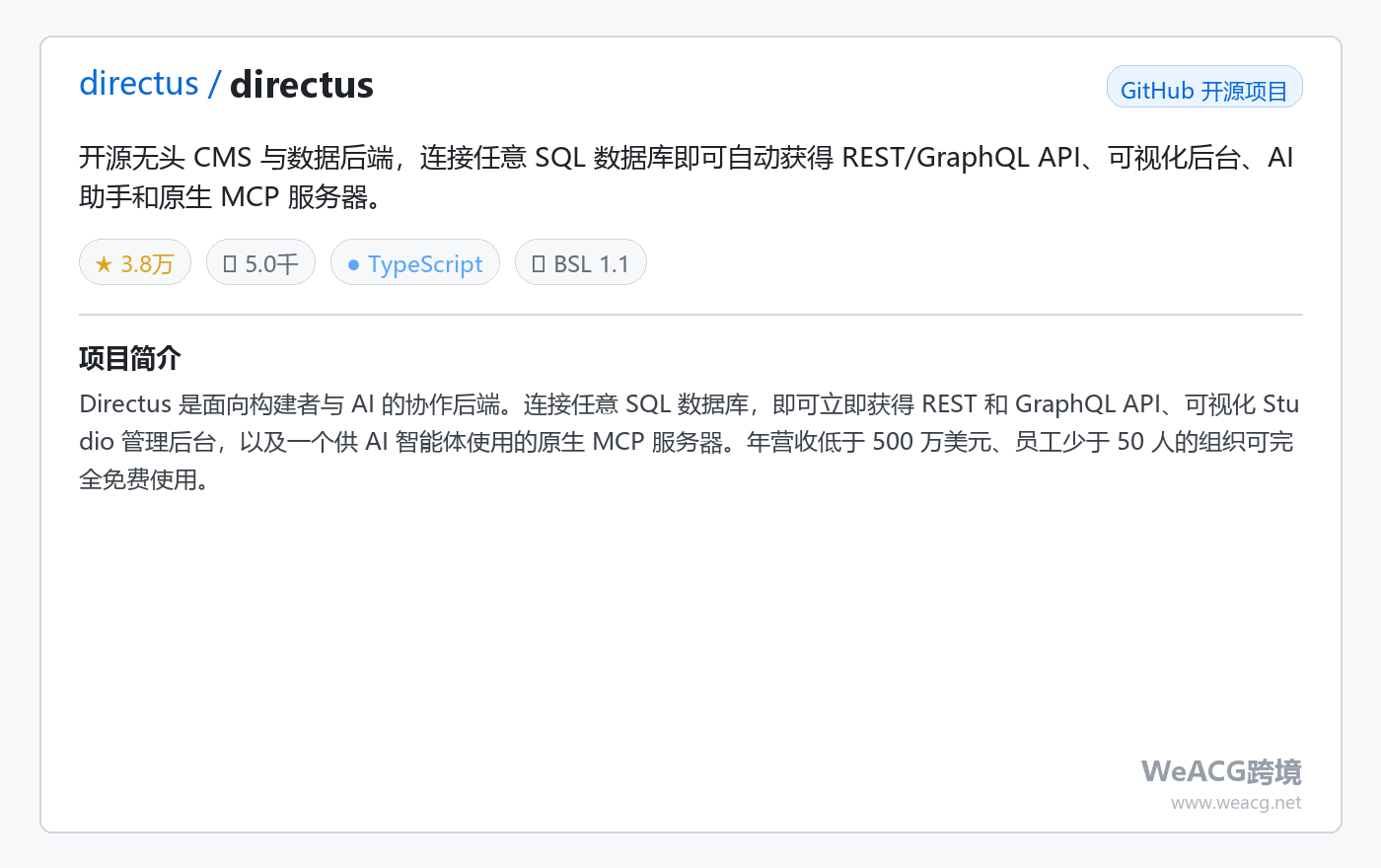 directus/directus 项目页中文版卡片