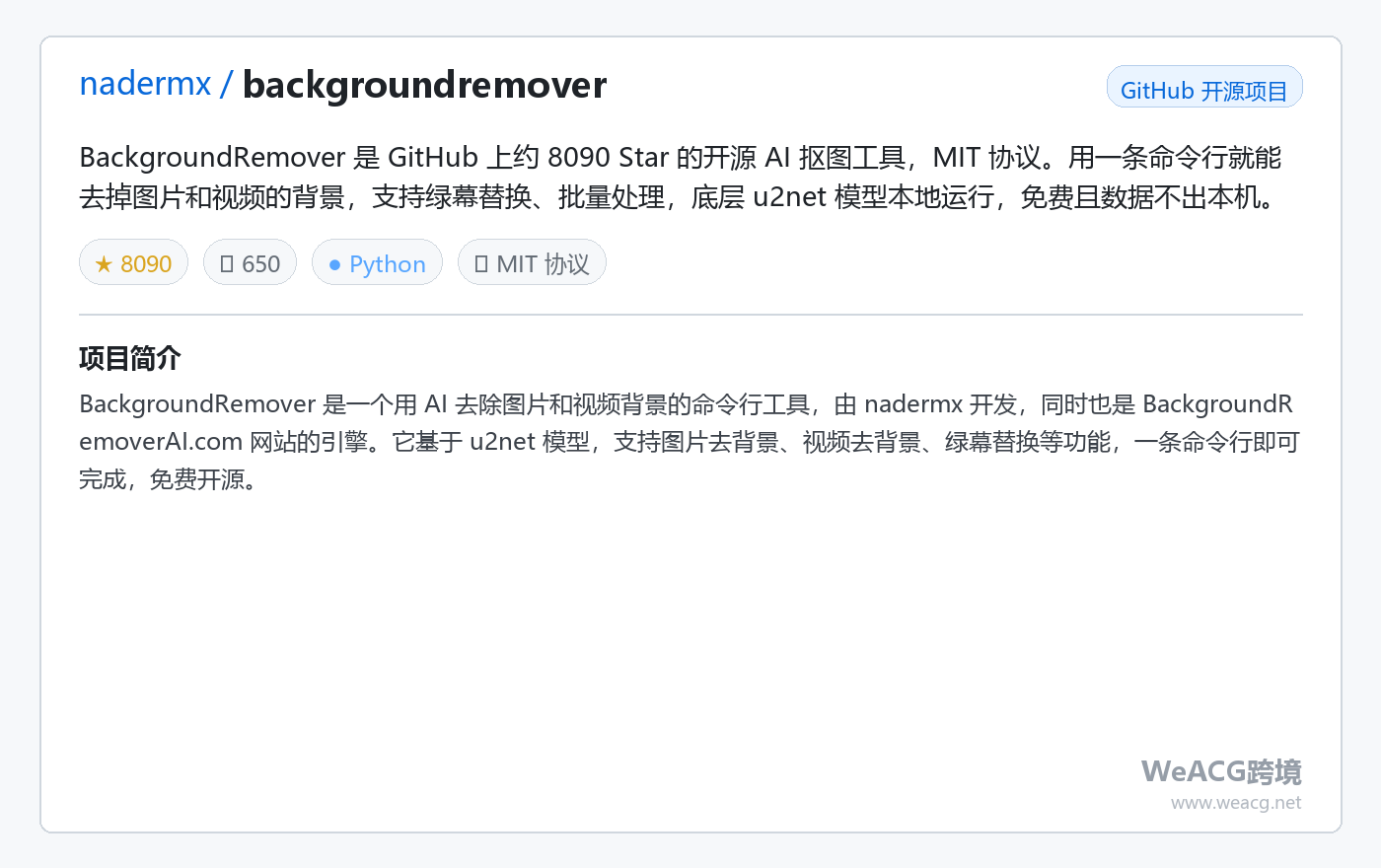 BackgroundRemover 开源 AI 抠图工具实测：一条命令去掉图片和视频背景 项目卡片