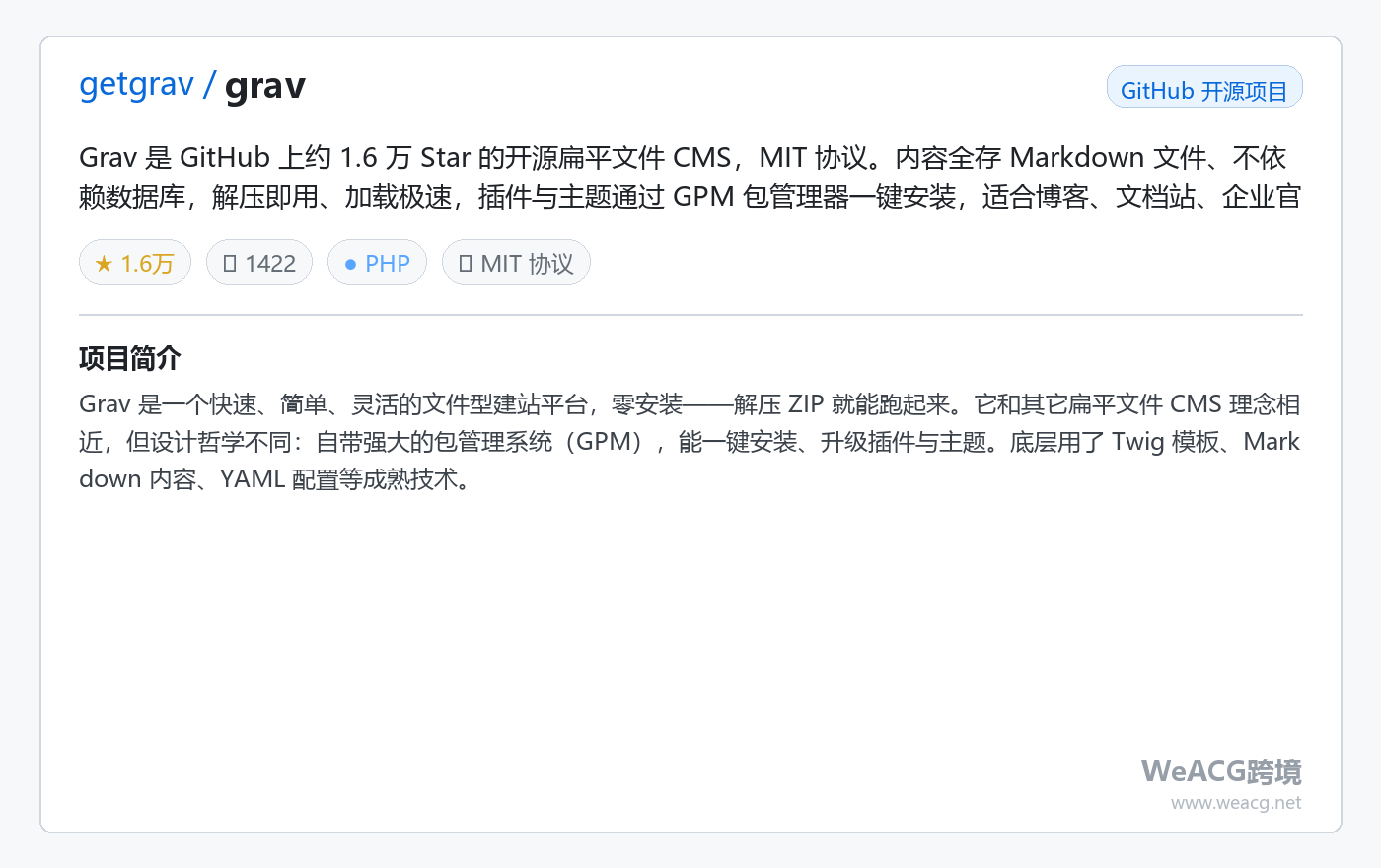 Grav 开源扁平文件 CMS 实测：不用数据库，解压即用的极速建站系统 项目卡片