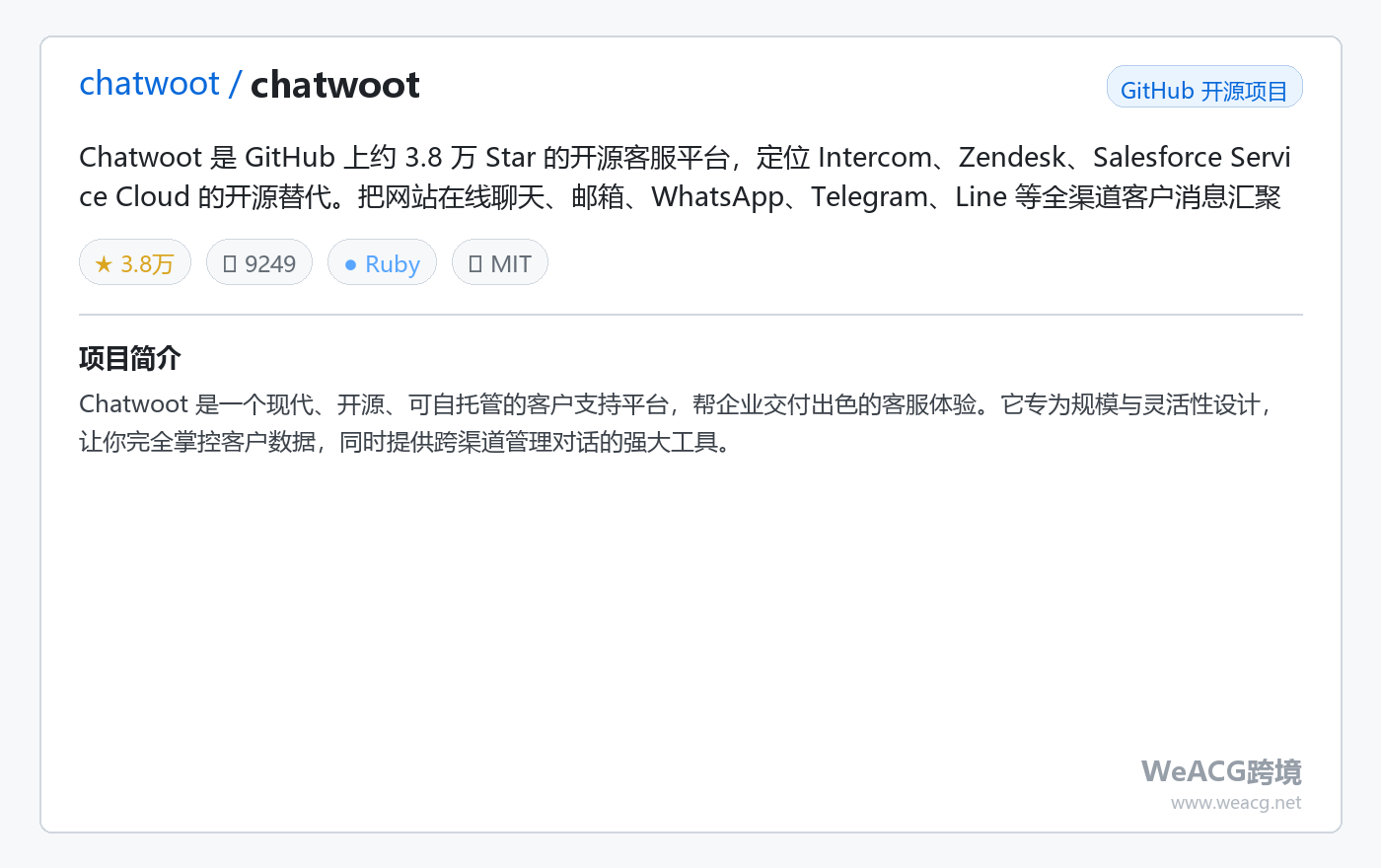 Chatwoot 开源客服平台实测：Intercom、Zendesk 的免费替代，全渠道客户接待一站搞定 项目卡片