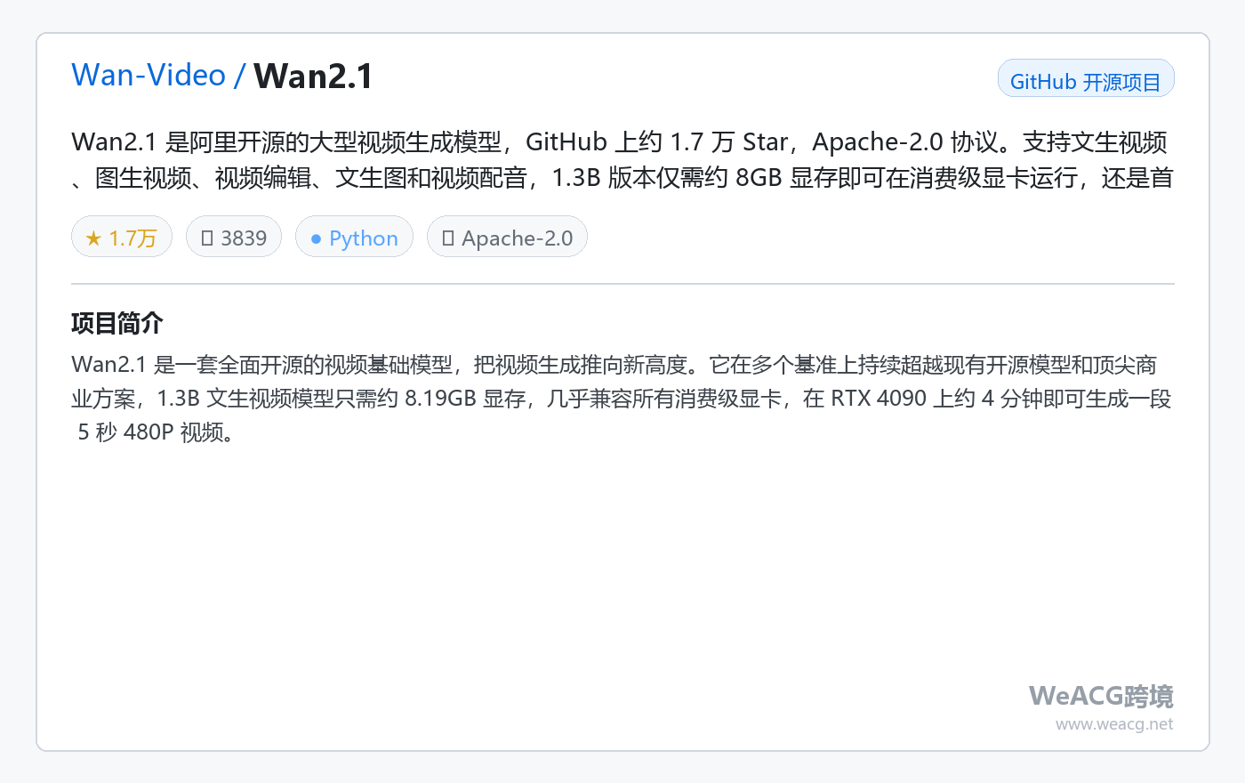 Wan2.1 开源视频生成模型实测：阿里出品，一句话生成视频还能写字 项目卡片
