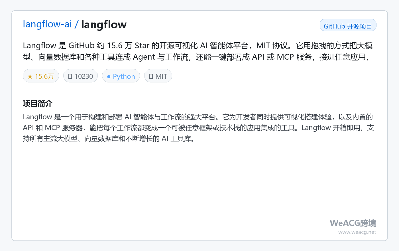 Langflow 开源可视化 AI 智能体平台实测:拖拽搭建 Agent 工作流,MIT 免费自托管 项目卡片